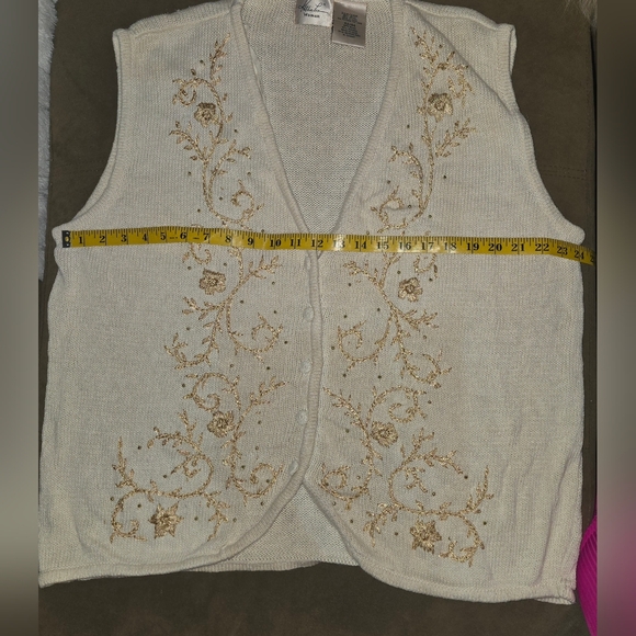 22W/24W Kathie Lee Embroidered & Beaded Sweater Vest Ivory Cream Vintage Floral - Picture 6 of 7